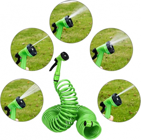 Furtun pentru irigare, spiralat, 4 functii, 15 metri, pistol + conectori + suport furtun [1]