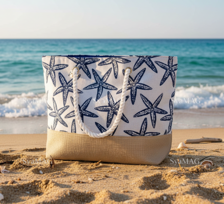 Geanta de plaja, model cu stelute de mare, 57x34x42 cm, baza din iuta, manere din funie [1]