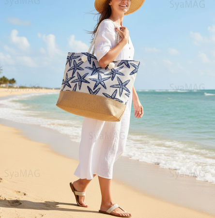 Genti de plaja - Geanta de plaja, model cu stelute de mare, 57x34x42 cm, baza din iuta, manere din funie