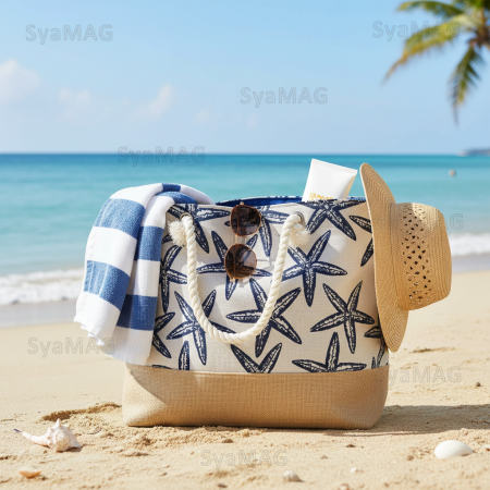 Geanta de plaja, model cu stelute de mare, 57x34x42 cm, baza din iuta, manere din funie [2]