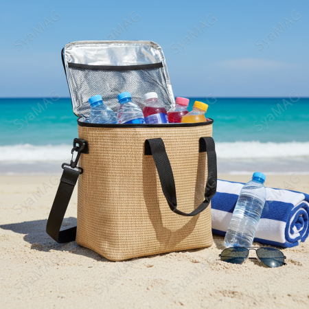 Articole de vara - Geanta termica din ratan, cu fermoar, curea reglabila de umar si maner cu scai, capacitate 15 L, 28x18x30 cm, pentru camping, plaja, picnic, depozitare inteligenta, pastreaza temperatura