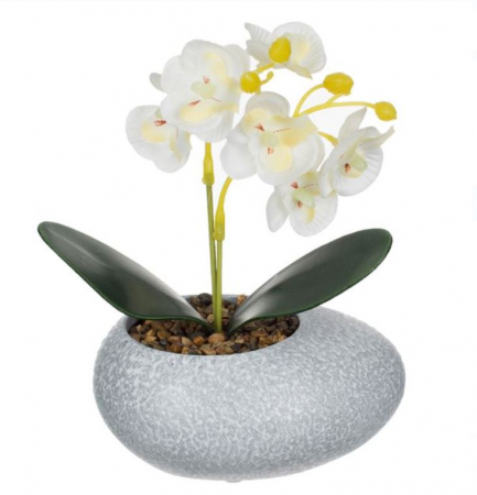 Flori artificiale si decoratiuni - Ghiveci decorativ cu orhidee alba, 12x10x18cm