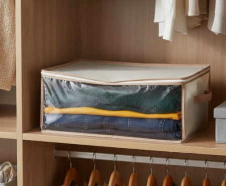 Huse si cutii depozitare - Husa depozitare imbracaminte, crem, inchidere cu fermoar, 50x35x20 cm