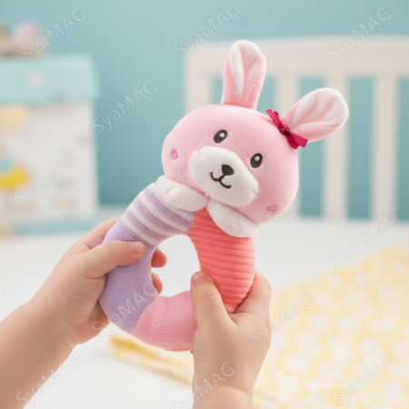 Toate produsele - Iepuras de plus, cu inel zornaitor integrat,  20 cm, catifelat, pentru bebelusi