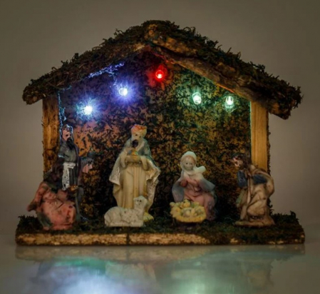 Craciun – Decoratiuni, costume si accesorii festive - Iesle decorativa de Craciun, 7 figurine si 5 becuri LED, 17.5x7.5x13 cm