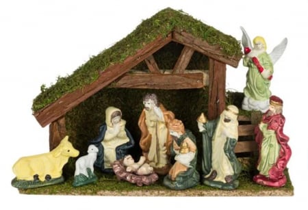 Craciun – Decoratiuni, costume si accesorii festive - Iesle decorativa de Craciun, cu 9 figurine din portelan, 28x9x18 cm