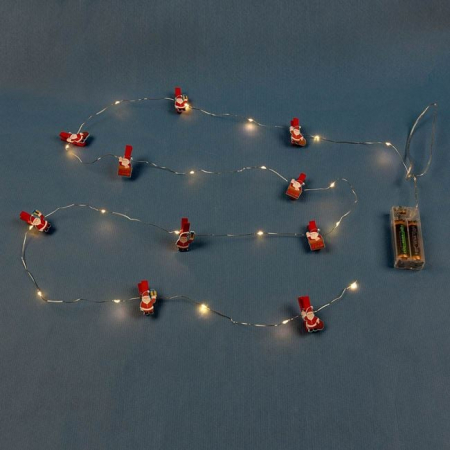 Toate produsele - Instalatie de lumini cu 20 becuri LED si 10 clestisori lemn Mos Craciun, cu baterii - 2.20m