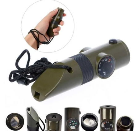 Sport & Timp liber - Instrument tactic 7 in 1, fluier, busola, termometru, lanterna LED, lupa, oglinda de semnalizare si lacas mic depozitare, 10x3 cm