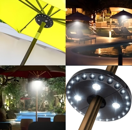 Toate produsele - Lampa LED suspendabila, mecanism cu clips, fixare pe stalp umbrela sau suspendare pe carlig, 3 moduri de iluminare, Ø16x2.5cm, material ABS