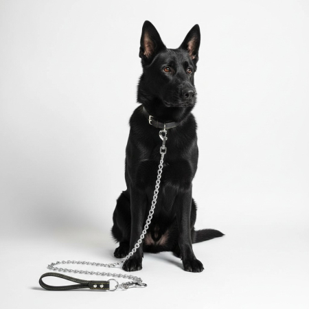Zgarzi si lese - Lesa din lant cromat pentru caini de talie mare, maner negru din piele ecologica, 120 cm x 4 mm
