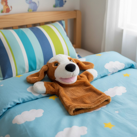 Jucarii de plus - Marioneta din plus, model catel, maro/alb, 28 cm