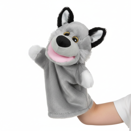 Jucarii de plus - Marioneta din plus, model lup, moale si catifelat, gri, inaltime 28 cm, diametrul baza 15 cm