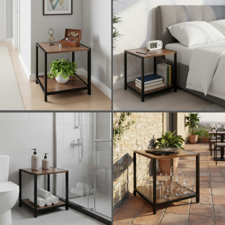 Masuta decorativa, cadru metalic, 2 rafturi din lemn, 32x28x37 cm, maro inchis, sarcina maxima 10 kg per raft [1]