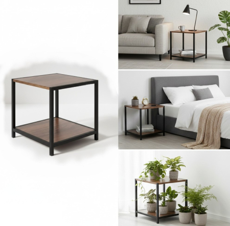 Mobilier mic - Masuta decorativa, cadru metalic, 2 rafturi din lemn, 32x28x37 cm, maro inchis, sarcina maxima 10 kg per raft