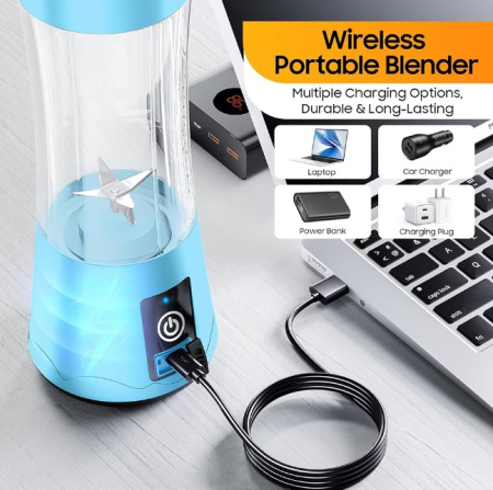 Mini blender portabil, reincarcabil USB, bleu, cu maner din silicon, 380 ml [2]
