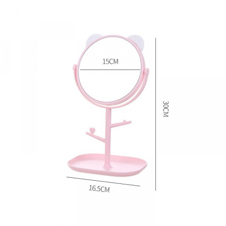 Oglinda cosmetica cu picior, rotire 360 grade, 15 cm diametru, suport bijuterii, 30 x 16.5 x 15 cm, Roz [5]
