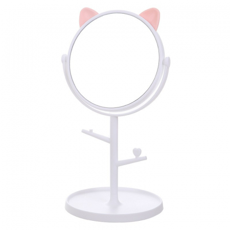 Oglinda cosmetica cu picior, rotire 360 grade, 15 cm diametru, suport bijuterii, 30 x 16.5 x 15 cm, Alb [4]