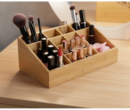 Ingrijire personala - Organizator cosmetice, din bambus, 12 compartimente, 24.5x13x9.5 cm