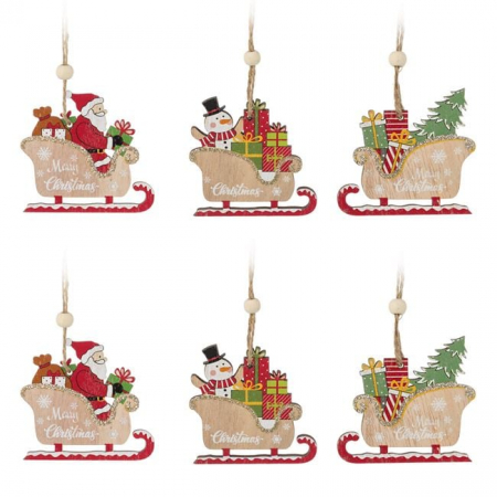 Craciun – Decoratiuni, costume si accesorii festive - Ornamente brad de Craciun, sanii din lemn, 8cm - 6buc