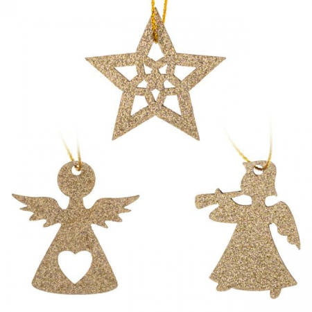 Craciun – Decoratiuni, costume si accesorii festive - Ornamente brad de Craciun, stele si ingeri din lemn cu sclipici auriu, 3.5cm - 8buc