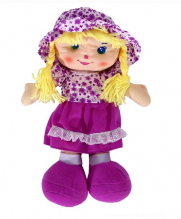 Jucarii de plus - Papusa blonda, cu palarie si rochita mov, material textil, 29 cm