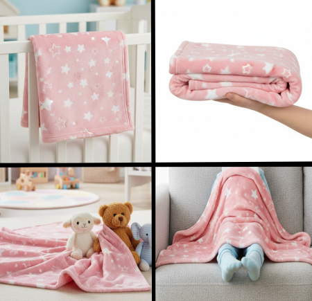 Patura catifelata pentru bebelusi, roz cu stelute albe, 100x75 cm [1]