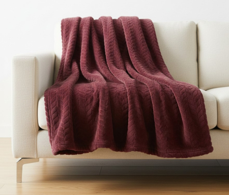 Paturi si perne - Patura moale si catifelata, bordo, 220x150 cm, model cu frunze in relief