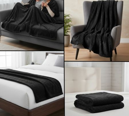 Patura moale si catifelata, tip cuvertura, neagra, 160x130 cm, model reliefat, confortabila, aspect elegant, ideala pentru canapea sau pat [1]