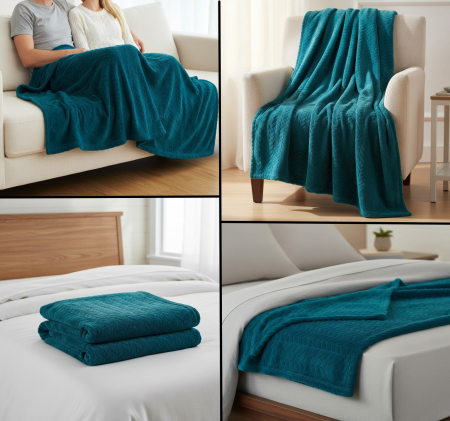 Patura moale si catifelata, tip cuvertura, turcoaz, 160x130 cm, model reliefat, confortabila, aspect elegant, ideala pentru canapea sau pat [1]