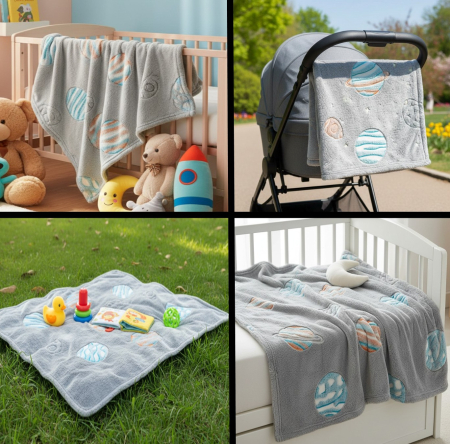 Paturica catifelata pentru bebelusi, model cu planete fosforescente, 140x100 cm [1]