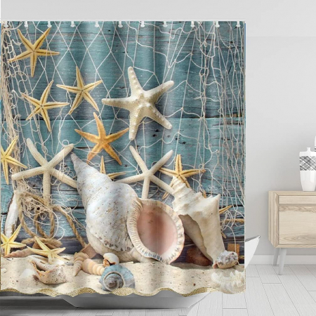 Baie - Perdea de dus cu inele, model cu stele de mare si scoici, 180x180 cm