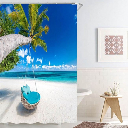 Baie - Perdea de dus cu inele, model peisaj de plaja – 180x180 cm
