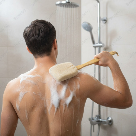 Ingrijire personala - Perie de baie cu burete si maner de lemn, 40 cm, cu sfoara pentru depozitare/agatare facila