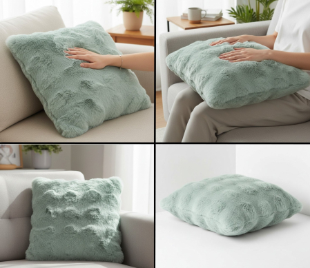 Perna decorativa, moale si catifelata, imitatie de blana, verde menta, 40x40x12 cm, model reliefat, cu fermoar [1]
