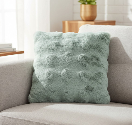 Paturi si perne - Perna decorativa, moale si catifelata, imitatie de blana, verde menta, 40x40x12 cm, model reliefat, cu fermoar