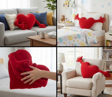 Perna decorativa, model inima cu maini, 100x40 cm, poliester, rosie [1]