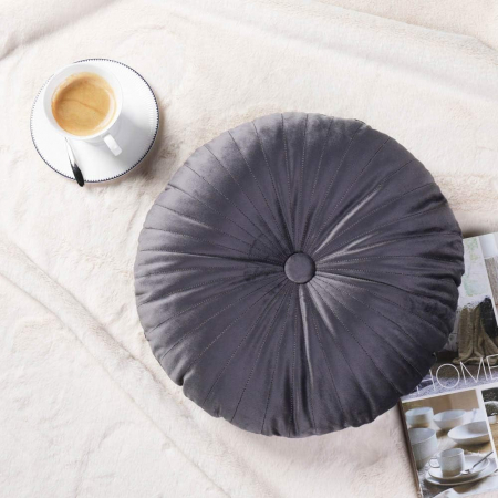 Paturi si perne - Perna decorativa rotunda, model cu nasture, gri, 40x10 cm