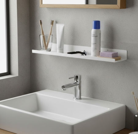 Mobilier mic - Polita din otel, alba, utilizare universala, baie, hol, dormitor, living sau spatii de lucru, 60x12x5 cm, feronerie inclusa, 2 holduruburi + 2 dibluri