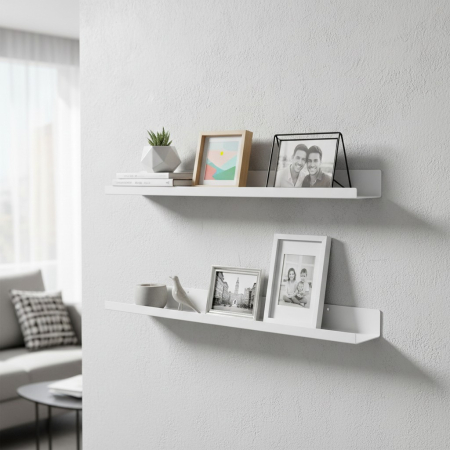 Polita din otel, alba, utilizare universala, baie, hol, dormitor, living sau spatii de lucru, 60x12x5 cm, feronerie inclusa, 2 holduruburi + 2 dibluri [2]