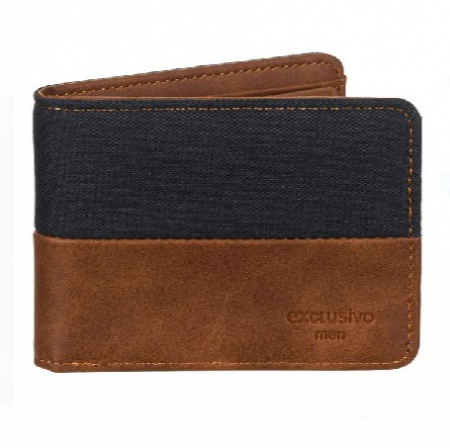 Rucsacuri, curele si accesorii - Portofel pliabil din piele ecologica maro si material textil, 11x9 cm