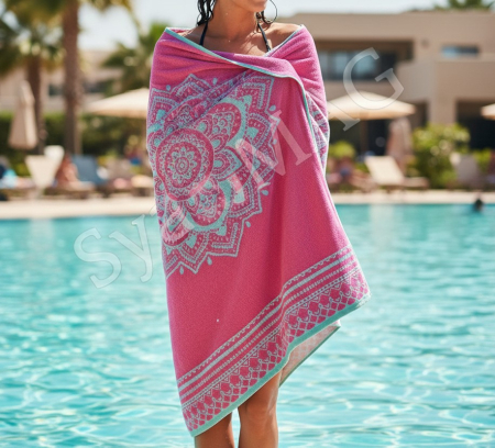 Toate produsele - Prosop de plaja, din bumbac, model mandala, fucsia, 150x75 cm