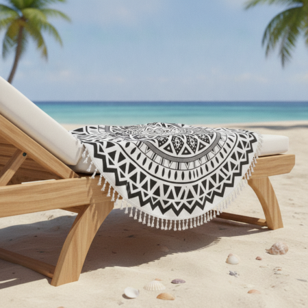 Prosoape si rogojini - Prosop de plaja rotund, mandala, alb -negru, diametru 150 cm