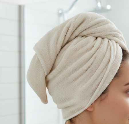 Baie - Prosop pentru uscarea parului, model tip gluga, fixare facila pe cap, bumbac / poliester, 72x27 cm, bej