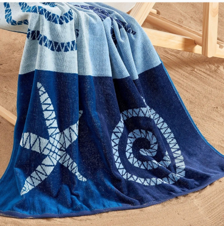 Prosop plaja, din bumbac, model cu stelute de mare, 150x70 cm, bleumarin [2]