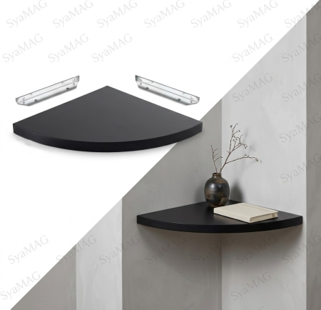 Mobilier mic - Raft de colt, cu 2 suporti fixare ascunsi, MDF, negru, 25x25 cm