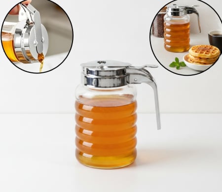HoReCa - Recipient pentru miere, reutilizabil, din sticla, cu capac si clapeta reglare scurgere, 300 ml, pentru uz casnic sau Horeca