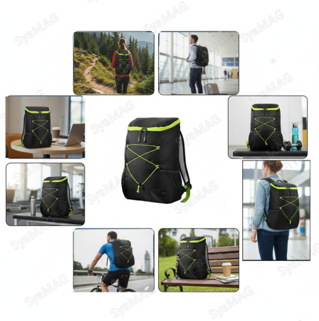 Toate produsele - Rucsac sport casual, cu fermoar, cu compartiment principal si un buzunar exterior, negru cu insertii verde neon, 27x14x40 cm, din poliester, pentru calatorii, camping sau activitati zilnice