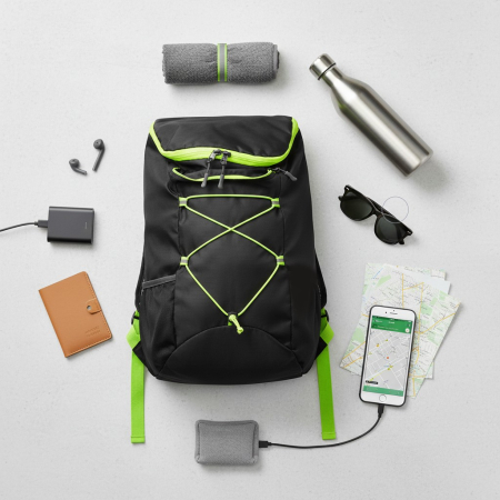 Rucsac sport casual, cu fermoar, cu compartiment principal si un buzunar exterior, negru cu insertii verde neon, 27x14x40 cm, rezistent la apa, din poliester, pentru calatorii, camping sau activitati [4]