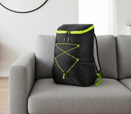 Toate produsele - Rucsac sport casual, cu fermoar, cu compartiment principal si un buzunar exterior, negru cu insertii verde neon, 27x14x40 cm, rezistent la apa, din poliester, pentru calatorii, camping sau activitati