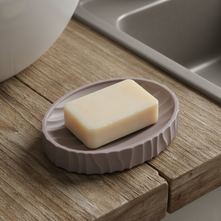 Home & Deco - Savoniera din plastic, model cu dungi striate, 13x10 cm, gri, ovala